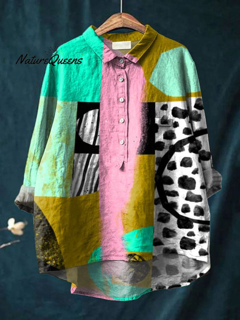 Women's Abstract Colorful Art Print Casual Cotton And Linen Shirt