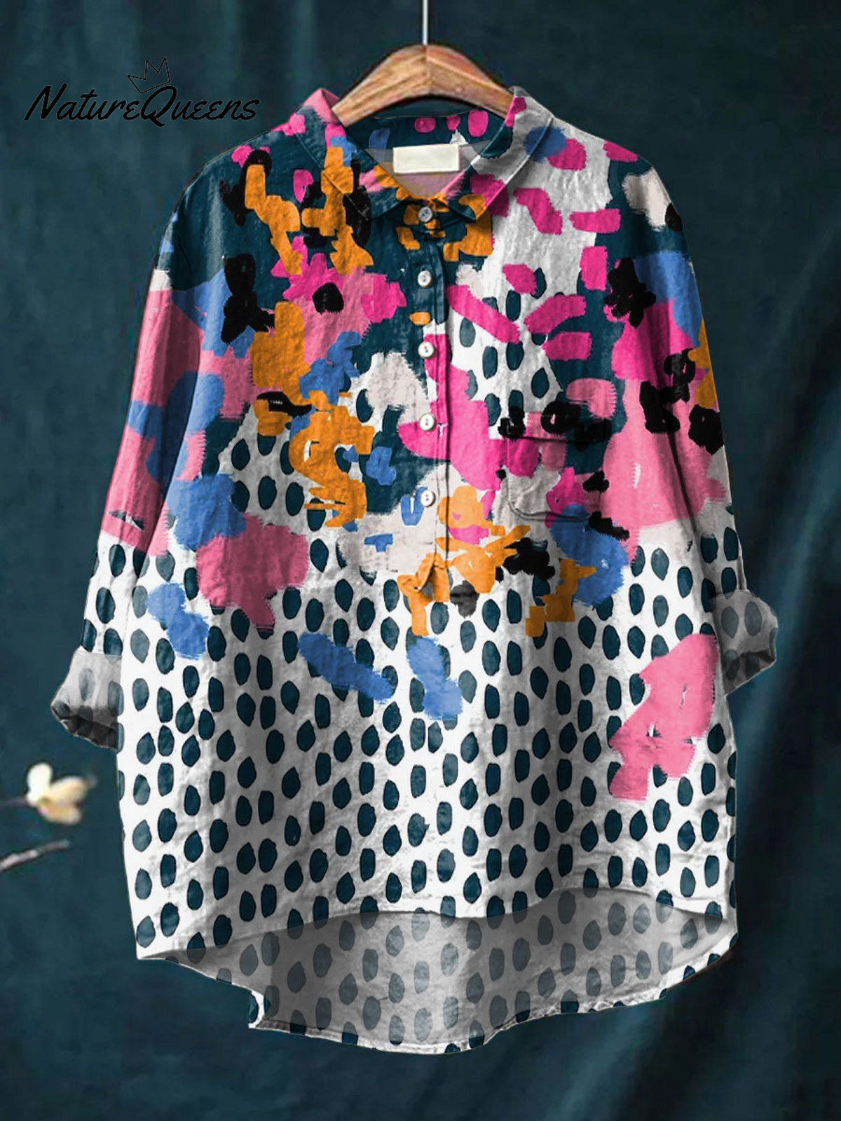 Women's Abstract Colorful Art Print Casual Cotton And Linen Shirt