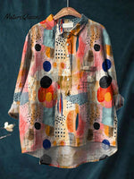 Women's Abstract Colorful Art Print Casual Cotton And Linen Shirt