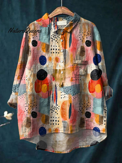 Women's Abstract Colorful Art Print Casual Cotton And Linen Shirt