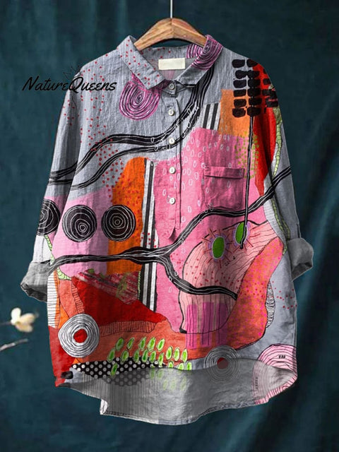 Women's Abstract Colorful Art Print Casual Cotton And Linen Shirt