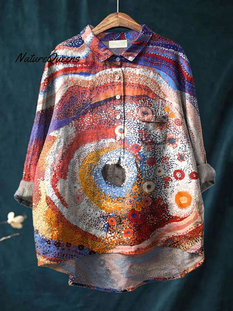 Women's Abstract Colorful Art Print Casual Cotton And Linen Shirt