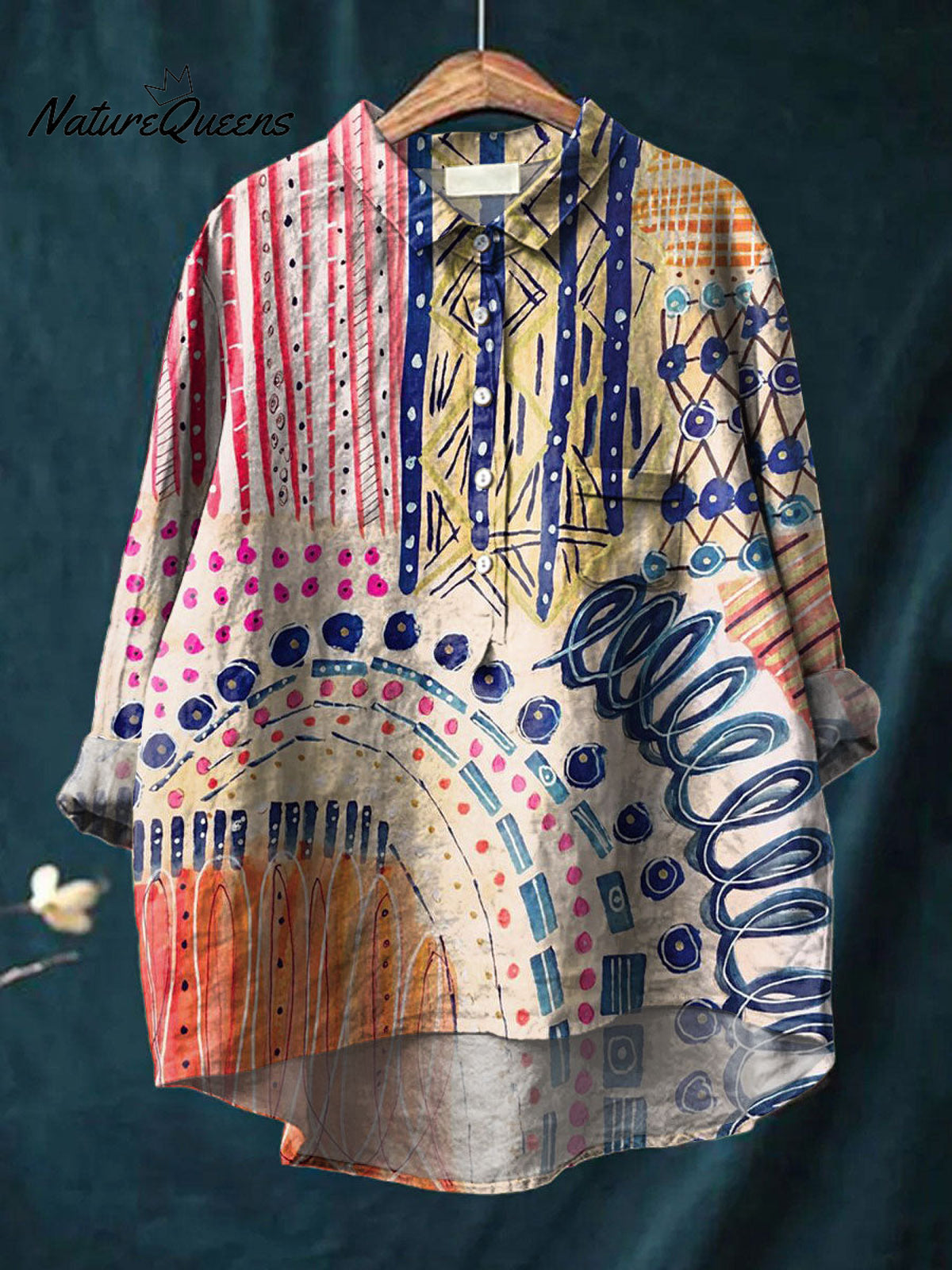 Women's Abstract Colorful Art Print Casual Cotton And Linen Shirt