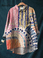 Women's Abstract Colorful Art Print Casual Cotton And Linen Shirt