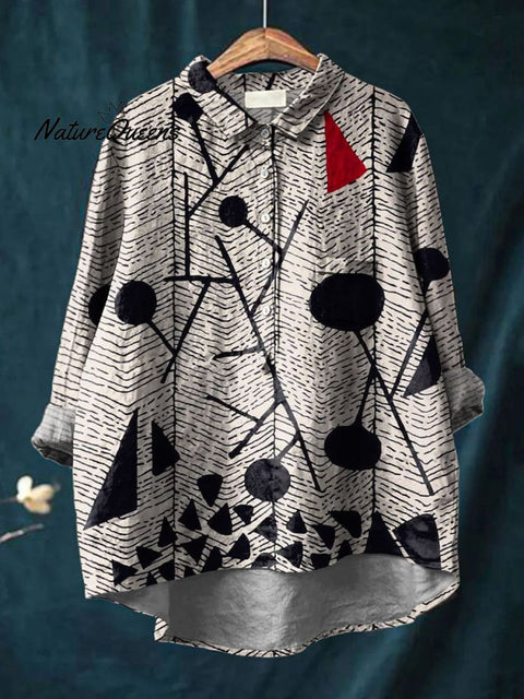 Women's Abstract Color Block Art Print Casual Cotton And Linen Shirt