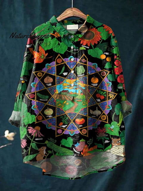 Women's Colorful Flower Art Print Casual Cotton And Linen Shirt