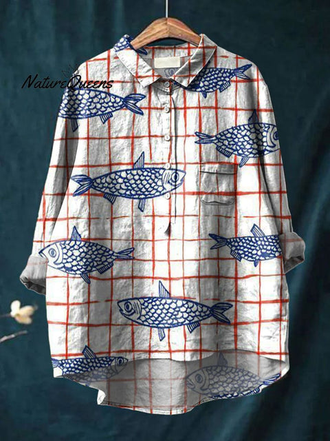 Women's Checkered Flying Fish Art Print Casual Cotton And Linen Shirt
