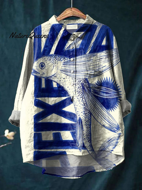 Women's Flying Fish Art Print Casual Cotton And Linen Shirt