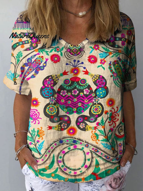 Women's Colorful Flower Art Print Casual Cotton And Linen Shirt