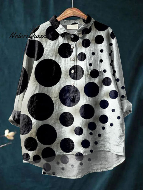 Women's APolka Dot Art Print Casual Cotton And Linen Shirt