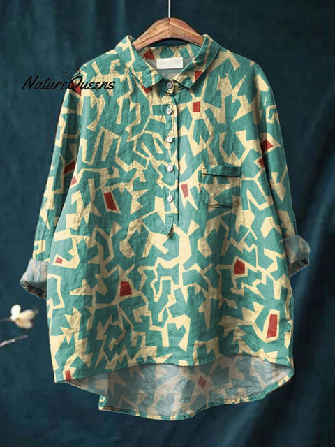 Women's Multi-color Block Art Print Casual Cotton And Linen Shirt