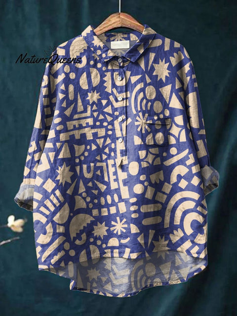 Women's Color Block Art Print Casual Cotton And Linen Shirt