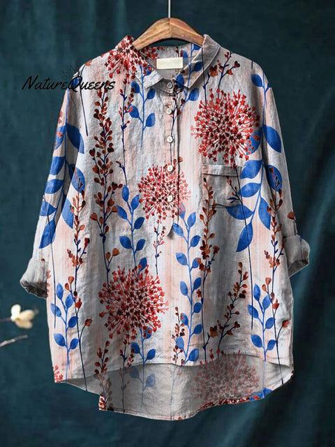Women's Flower Art Print Casual Cotton And Linen Shirt