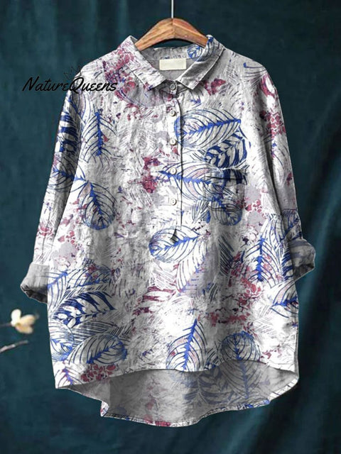 Women's Flower Art Print Casual Cotton And Linen Shirt
