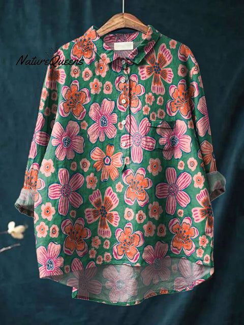 Women's Flower Art Print Casual Cotton And Linen Shirt