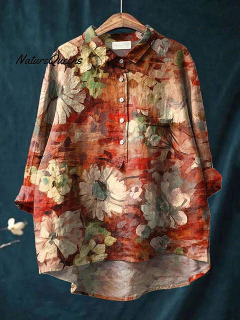 Women's Flower Art Print Casual Cotton And Linen Shirt