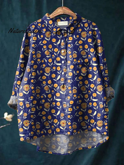 Women's Flower Art Print Casual Cotton And Linen Shirt