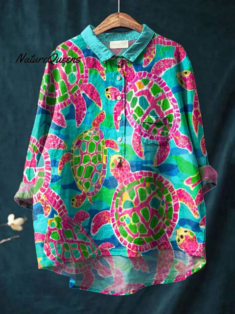 Women's Colorful Turtle Art Print Casual Cotton And Linen Shirt