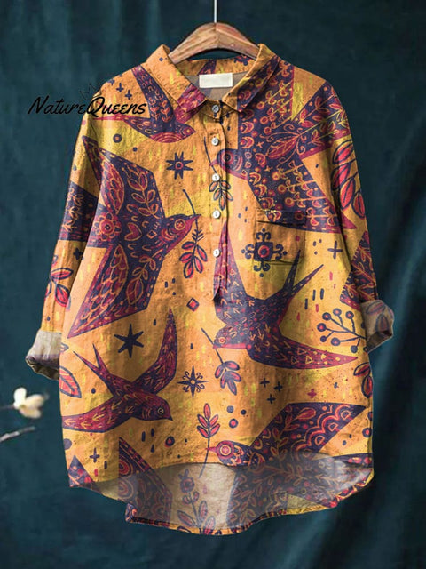 Women's Colorful Swallow Art Print Casual Cotton And Linen Shirt