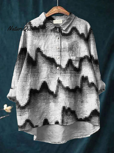 Women's Line Wave Art Print Casual Cotton And Linen Shirt