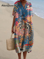 Women's Vintage Flower Art Print Flowy Dress