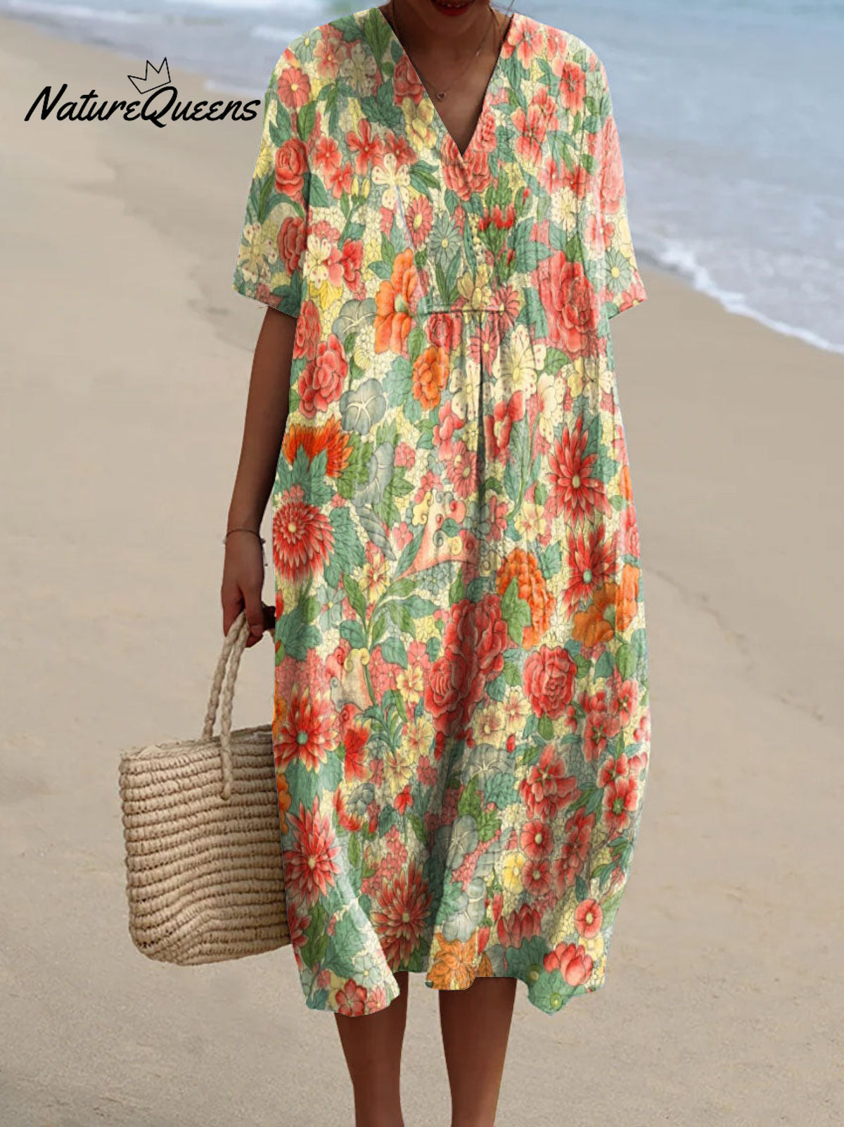 Women's Vintage Flower Art Print Flowy Dress