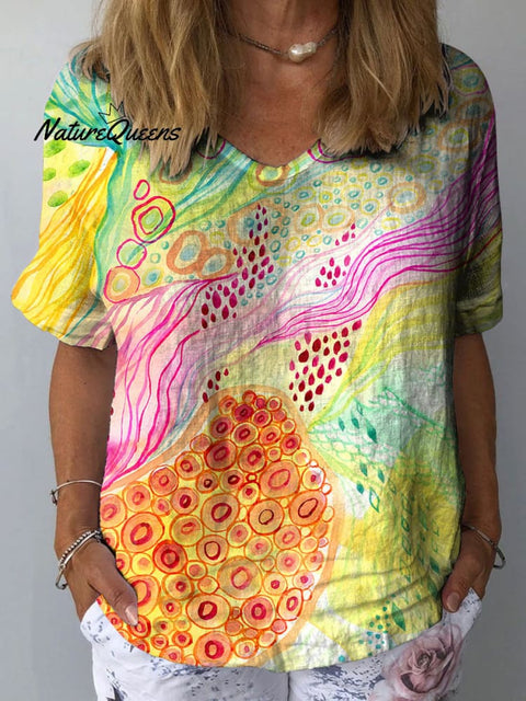 Women's Abstract Colorful Art Print Casual Cotton And Linen Shirt