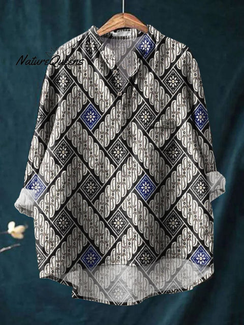 Women's Retro Geometric Texture Art Print Casual Long Sleeve Comfortable Cotton Shirt