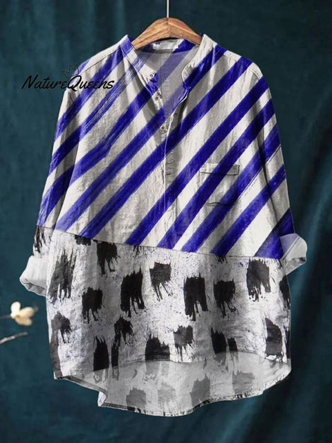 Women's Stripe Black Dot Art Print Casual Long Sleeve Comfortable Cotton Shirt