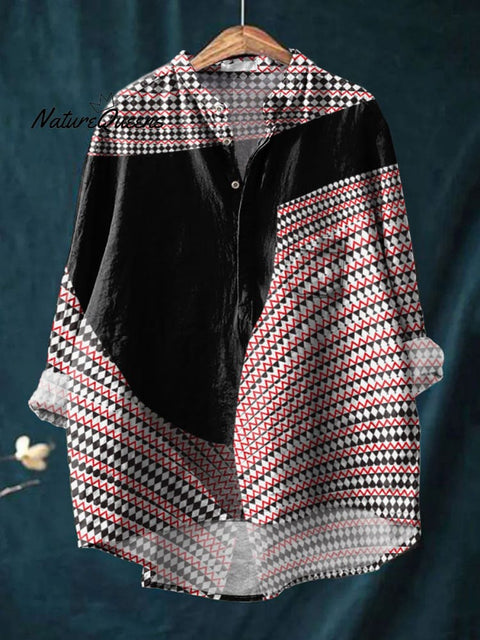 Women's Triangle Abstract Ethnic Art Print Casual Long Sleeve Comfortable Cotton Shirt