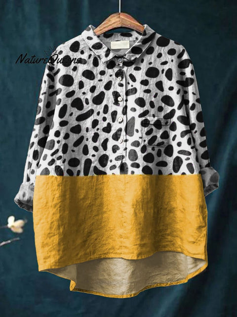 Women's Spotted Color Block Art Print Casual Cotton And Linen Shirt