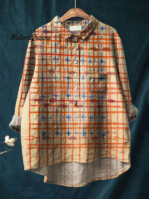 Women's Grid Art Print Casual Cotton And Linen Shirt