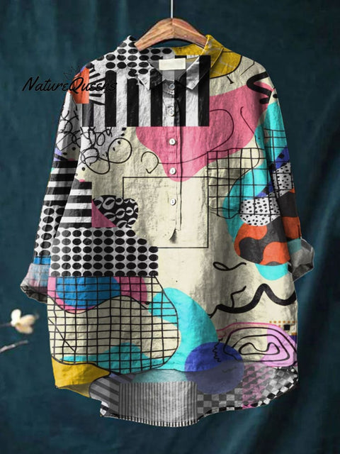 Women's Colorful Abstract Art Print Casual Cotton And Linen Shirt