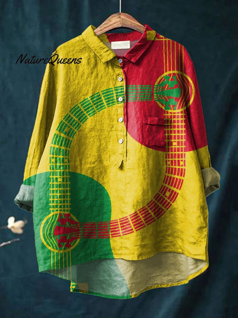 Women's Colorful Guitar Art Print Casual Cotton And Linen Shirt