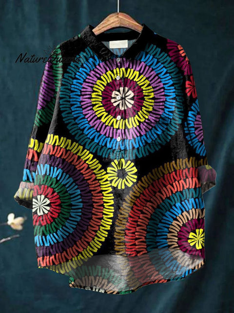 Women's Abstract Colorful Art Print Casual Cotton And Linen Shirt