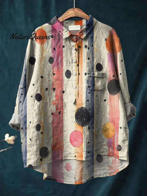 Women's Abstract Colorful Dots Art Print Casual Cotton And Linen Shirt