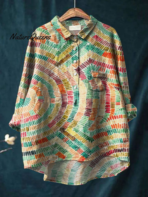 Women's Abstract Colorful Art Print Casual Cotton And Linen Shirt