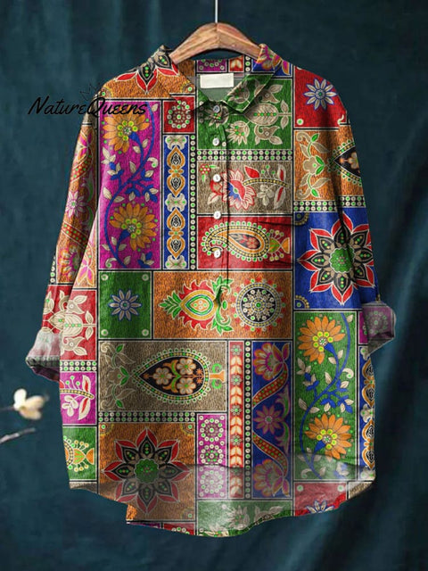 Women's Colorful Pattern Art Print Casual Cotton And Linen Shirt