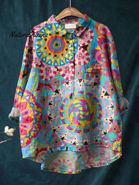 Women's Colorful Pattern Art Print Casual Cotton And Linen Shirt