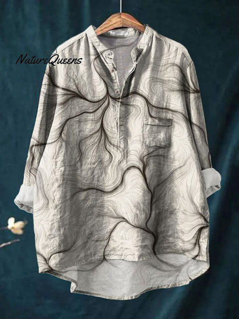 Women's Abstract Line Art Print Casual Long Sleeve Comfortable Cotton Shirt