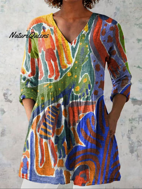 Women's Abstract Colorful Art Print Casual Linen V-neck Shirt