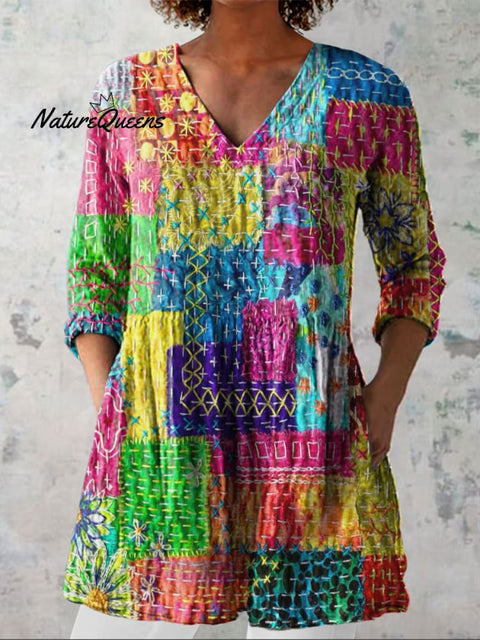 Women's Colorful Pattern Art Print Casual Linen V-neck Shirt