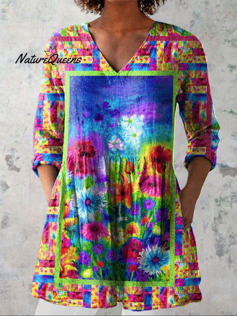 Women's Colorful Flower Art Print Casual Linen V-neck Shirt