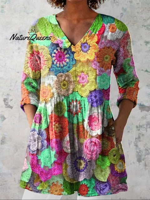 Women's Colorful Flower Art Print Casual Linen V-neck Shirt