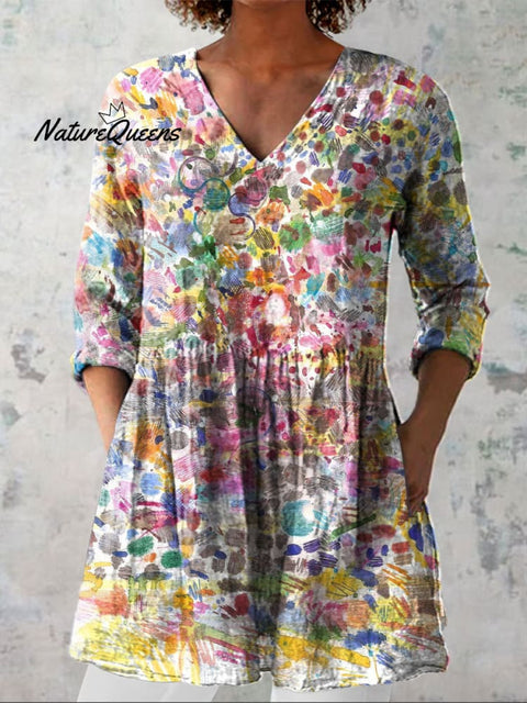 Women's Colorful Spot Art Print Casual Linen V-neck Shirt