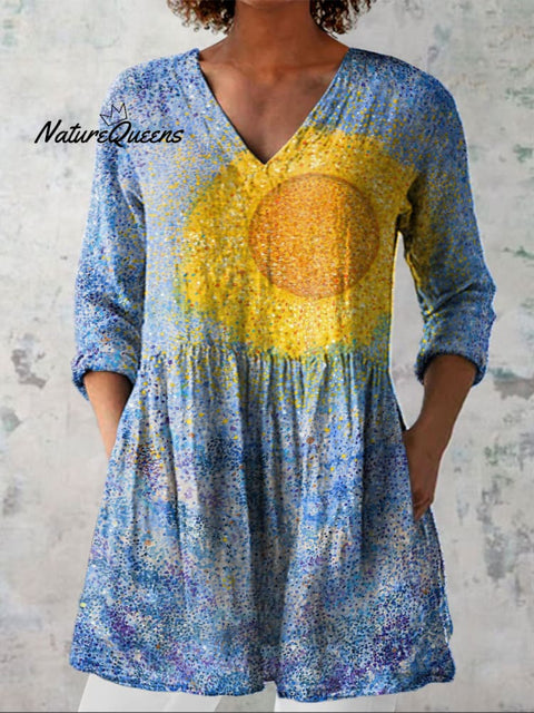 Women's Abstract Sun Art Print Casual Linen V-neck Shirt