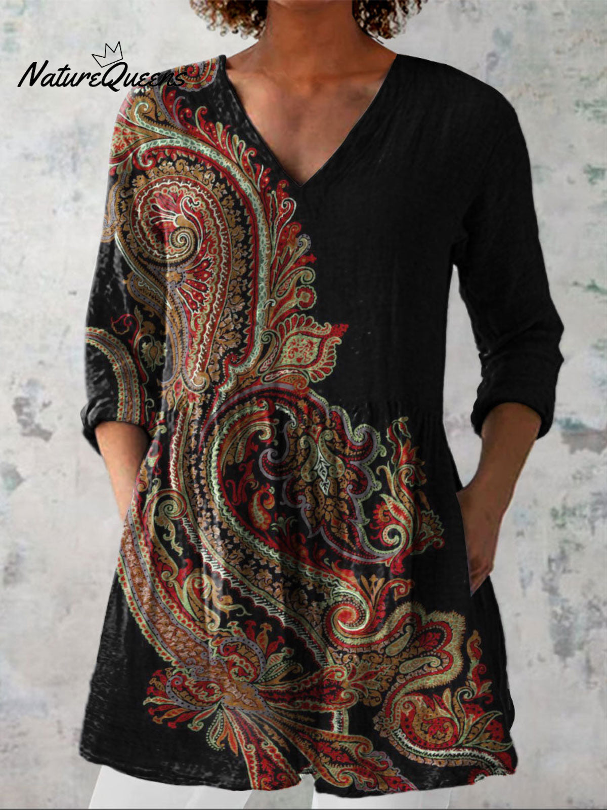 Women's Retro Pattern Art Print Casual Linen V-neck Shirt