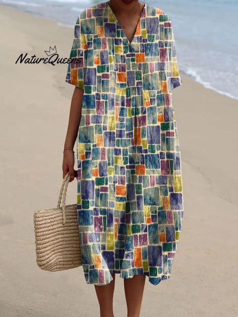 Women's Retro Color Block Art Print Flowy Dress