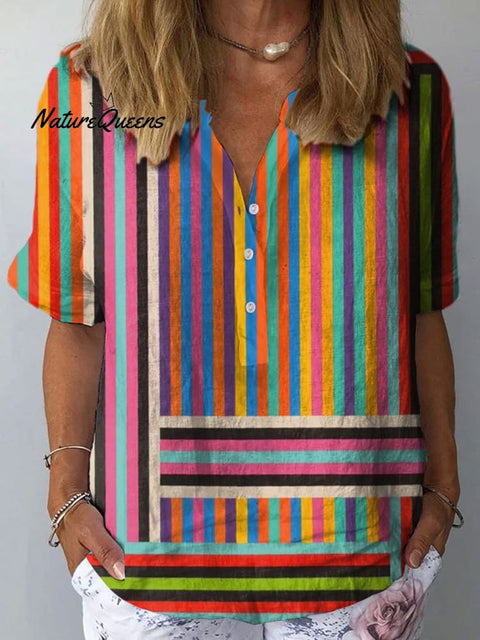 Women's Colorful Stripe Art Print Casual Cotton And Linen Shirt