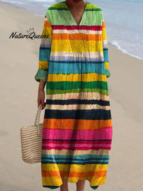 Women's Bright Color Stripe Art Print Dress